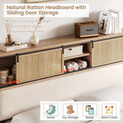 Natural Rattan Queen Bed Frame with Storage Headboard