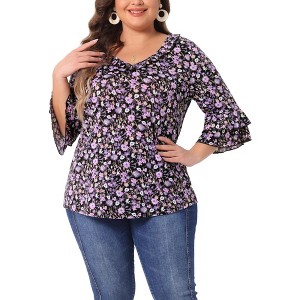 Agnes Orinda Women's Plus Size Floral Print V Neck Tiered Ruffle 3/4 Sleeve Casual Blouse - 1 of 4