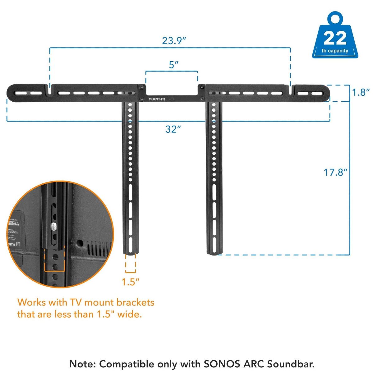 Mount-It! TV Speaker Mounting Bracket for Sonos Arc | Directional Sound All Around with TV Mount for Sonos Arc | VESA Patterns Up to 600 mm | Black - thumbnail 5