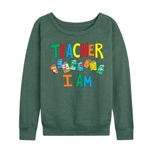 Women's - Dr. Seuss - The Cat In The Hat Book Cover Teacher I Am Lightweight French Terry Wide Neck Long Sleeve Shirt - 1 of 4
