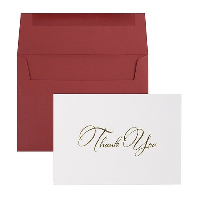 JAM Paper Thank You Card Sets White Care w/Gold Script & Dark Red Envelopes 146111889