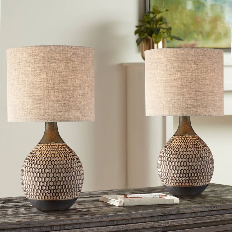 360 Lighting Emma 21" High Small Mid Century Modern Accent Table Lamps Set of 2 Brown Wood Finish Ceramic Oatmeal Shade Living Room Bedroom Bedside, 2 of 10