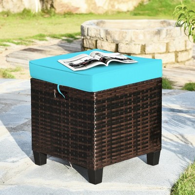 Turquoise Cushioned Rattan Patio Ottoman Set with Steel Frame
