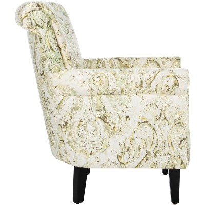 Contemporary Floral Green Linen-Blend Wood Accent Chair
