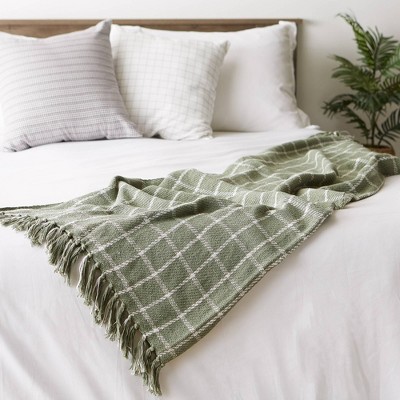 Artichoke Green Cotton Checked Plaid Cozy Throw, 50x60