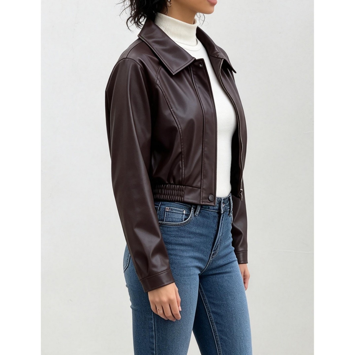 Женская куртка YesFashion Vintage Lapel Zip-Up Cropped Moto Jacket Long Sleeve Short Outerwear Street Casual Layering Top, M, Brown, цвет: Коричневый — фото 2