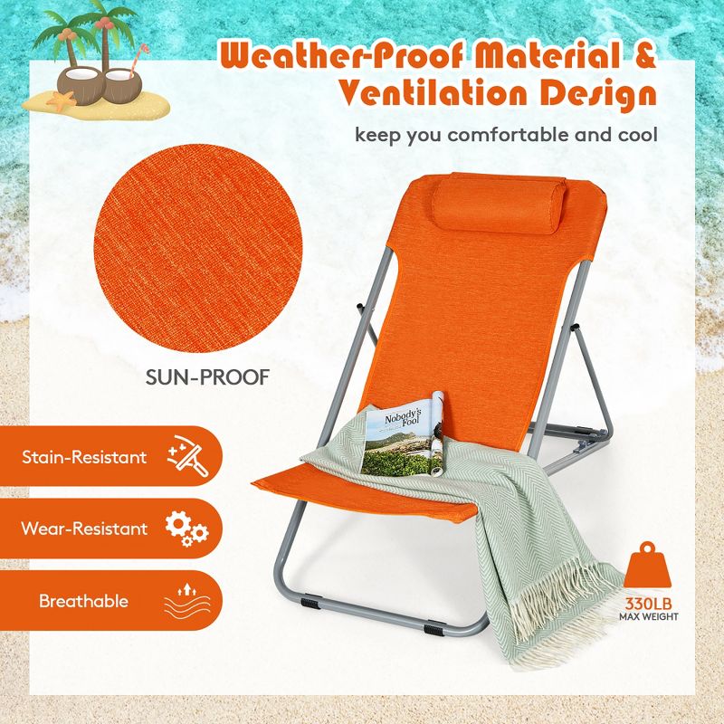 Costway Set of 2 Beach Chair Portable 3-Position Lounge Chair w/ Headrest Blue\Green\Orange, 5 of 11