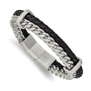 Black Bow Jewelry Stainless Steel, Blk Leather Braided, Brushed Chain Bracelet, 7.5-8 In - 1 of 4