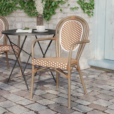 Natural & White Wicker Rattan Outdoor Bistro Chair with Arms