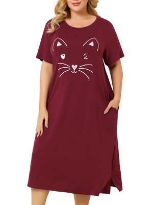 Agnes Orinda Women's Plus Size Soft Knit Cute Cat Print Short Sleeve Split Hem Pockets Midi Sleep Shirts Nightgowns