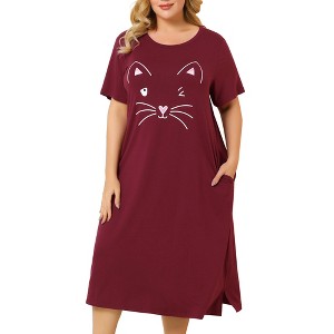 Women's Plus Size Cute Print Crew Neck Short Sleeve Split Hem Midi Sleep Shirts Lounge Nightgowns with Pockets - Agnes Orinda - 1 of 4