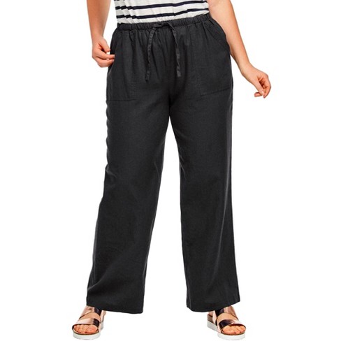 ellos Women's Plus Size Linen Blend Drawstring Pants, 26 - Black