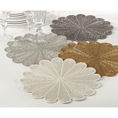 Silver Flower Design Beaded Fabric Placemats, Set of 4