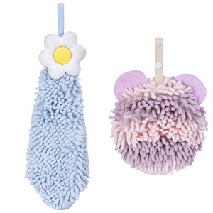 REGALWOVEN Soft Absorbent Cute Fuzzy Hanging Decorative Bathroom Chenille Hand Towel 6" x 15"/7" x 7" 2 Packs - 1 of 4