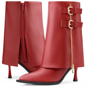 BLISSFUL STEP Women's Pointed Toe Mid Calf Fold Over Buckle Stiletto Heel Boots - 1 of 4