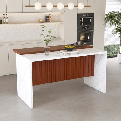 JUJABU 63" Modern Kitchen Island with Marble-Style Countertop and Grille Panel Design for Dining or Living Room