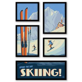 Americanflat Spend The Day Skiing 5 Piece Grid Wall Art Room Decor Set - Vintage Modern Home Decor Wall Prints