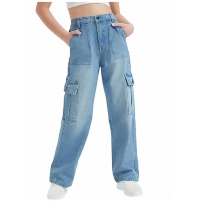 Mocamel Girls' Straight High Belt Denim Overalls Personalized Pocket Solid Color Loose Wide Leg 8-14 Years Old