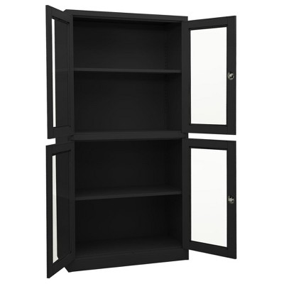 vidaXL Anthracite Office Cabinet - 4 Door Steel and Tempered Glass Filing Cabinet with Adjustable Shelves and Secure Lock System - 35.4"x15.7"x70.9"