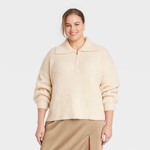 Women's Quarter Zip Pullover Sweater - A New Day™ Cream 4x : Target