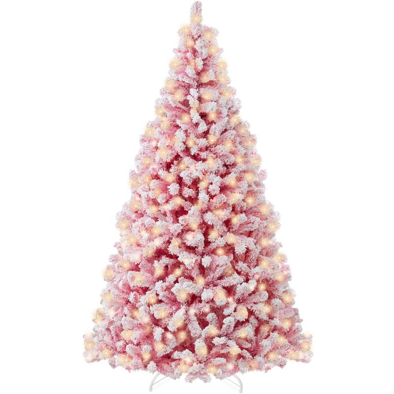 Best Choice Products Prelit Pink Artificial Christmas Tree, Snow Flocked Fir Holiday Decoration, 1 of 9