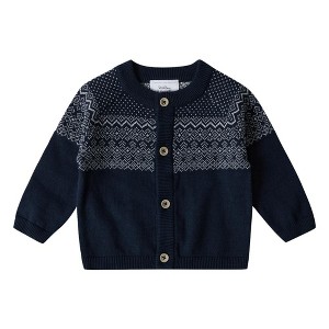 Stellou & Friends 100% Cotton Knit Norwegian Jacquard Design Baby  Boys Girls Long Sleeve Cardigan Sweater  - 3-6 Months / Navy with Cream - 1 of 4