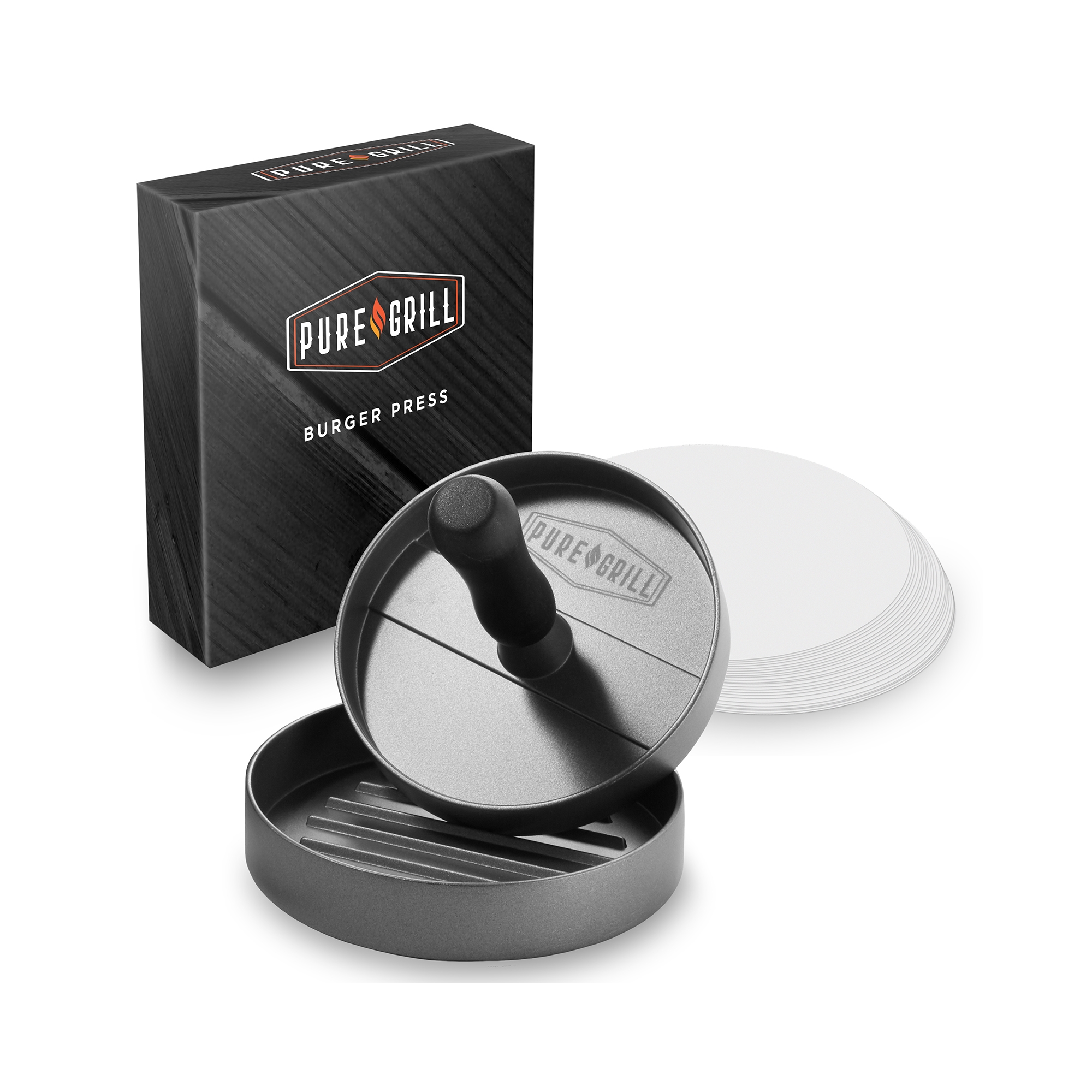 Pure Grill Burger Press, Aluminum BBQ Patty Maker with 100 Wax Papers for Grilling Hamburgers