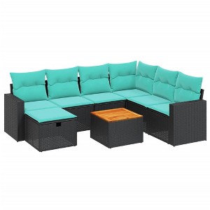 vidaXL 8 Piece Patio Sofa Set with Cushions Black Poly Rattan - Black and Blue 3x Middle 3x Corner Footrest Table - 1 of 4
