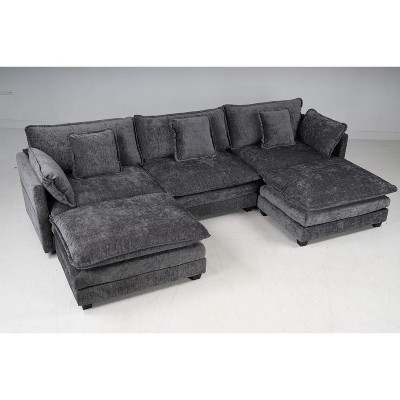 3-Seat U-Shaped Modern Cloud Couch - Chenille Modular Sectional with Deep Seat, 2 Ottoman & 4 Pillows for Home/Apartment Spaces