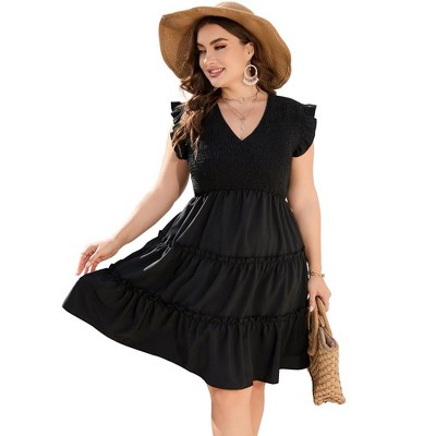 Plus Size Sleeveless Summer Dress for Women Ruffle Smocked Dress V Neck Babydoll Dress