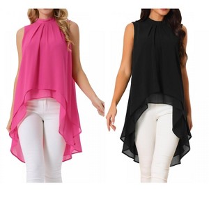 INSPIRE CHIC Women's Casual Tie Back Asymmetrical High Low Sleeveless Mock Neck Flowy Blouse 2 Packs - 1 of 4