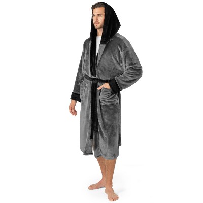 PAVILIA Mens Robe, Hooded Soft Bathrobe for Men, Fleece Plush Warm Shawl Collar Hood Pockets for Bath Shower Spa