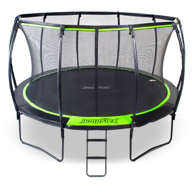 Jumpflex Flex120 12 Foot Trampoline with Enclosure and Ladder, Black and Green, 1 of 6