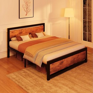 Bed Frame, Industrial Full Bed Platform Frame with Heavy Duty Steel Slat, No Box Spring Needed Easy to Assemble, Rustic Brown - 1 of 4