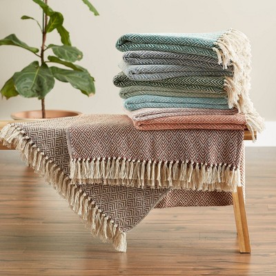 Aqua Diamond Cotton Throw Blanket 50"x60" with Fringe Detail