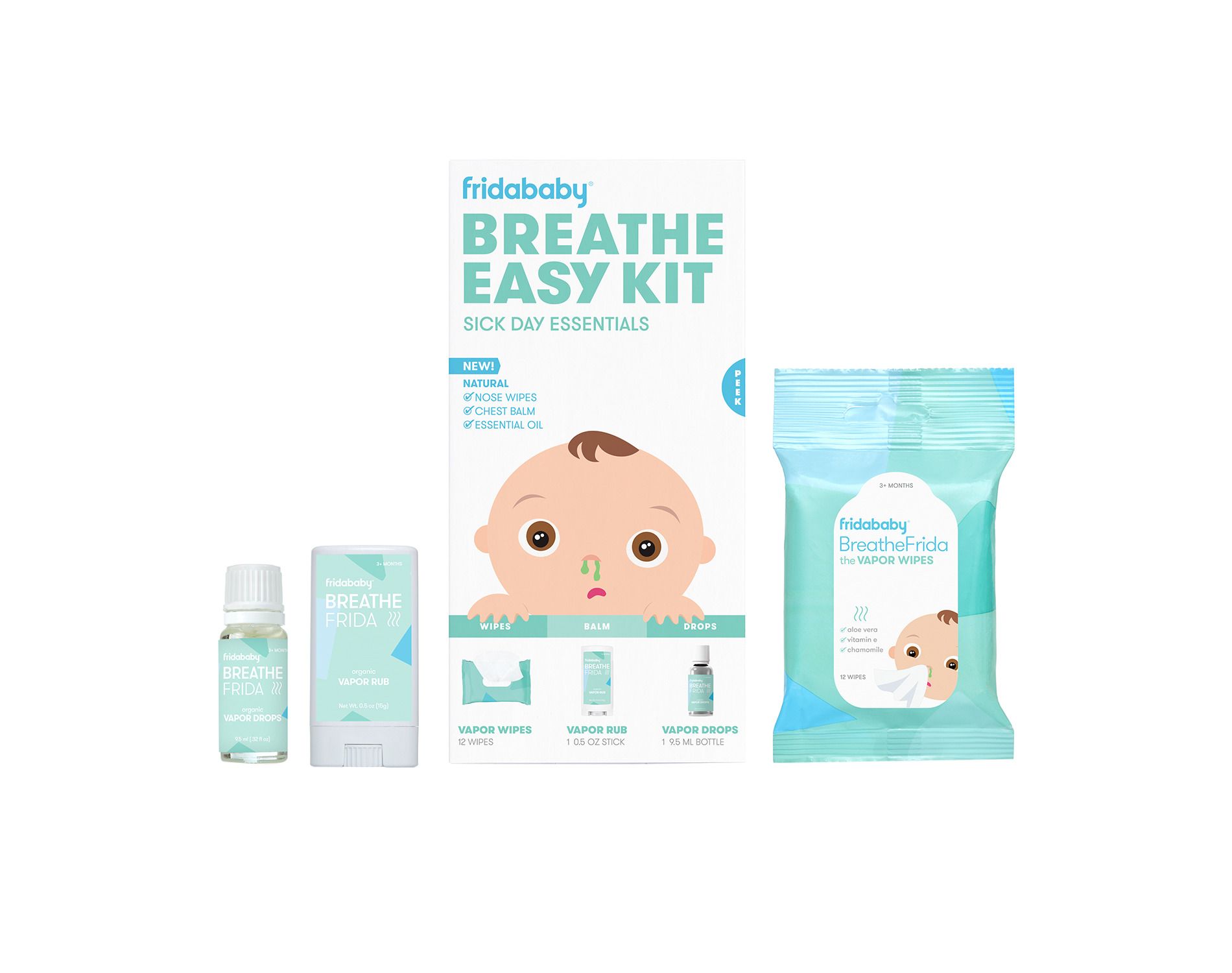 Frida Baby Breathe Easy Kit Sick Day Essentials with Vapor Wipes, Vapor Rub and Vapor Drops