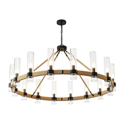 PAKOKULA Farmhouse 16 light Black Wagon Wheel Rustic Chandelier with Clear Glass Shade & Rattan Accents for Dinning Room