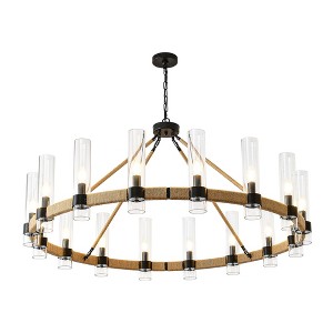 PAKOKULA Farmhouse 16 light Black Wagon Wheel Rustic Chandelier with Clear Glass Shade & Rattan Accents for Dinning Room - 1 of 4