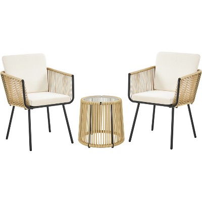Yaheetech 3-Piece Outdoor Metal Frame Wicker Bistro Set w/ 2 Chairs and Tempered Glass Top Side Table, Tan