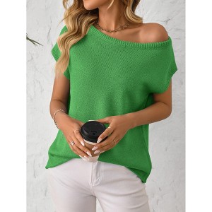 Womens Summer Knit Sweater Top Off Shoulder Short Sleeve Casual Pullover Sweater - 1 of 3