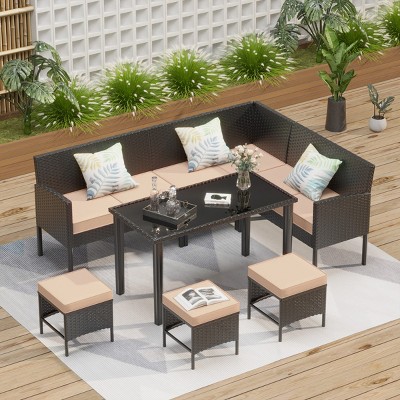 7-Piece Outdoor Rattan Patio Set with Glass Dining Table and Removable Cushions for Balcony or Garden-The Pop Home