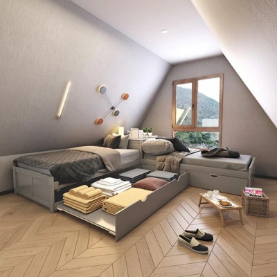 Twin Size Corner Platform Beds, L-Shaped Wooden Beds Frame with Trundle and Drawers Linked with built-in Desk - Leovsnove