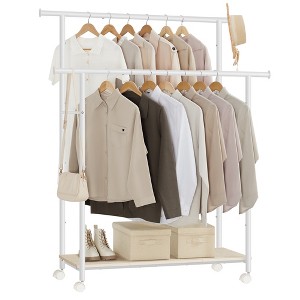 Double-Rod Clothes Rack with Wheels, 38.8 Inch Garment Rack with Shelf & 2 Side Rods, 220 lb Capacity, for Bedroom Closet, Beige & White - 1 of 4