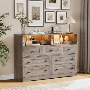 Dresser for Bedroom , 7 Drawer Wooden LED Dresser with 2 Open Storage Cubbies, Wide Chest of Drawer for Living Room, Closet, Kids Room - 1 of 4