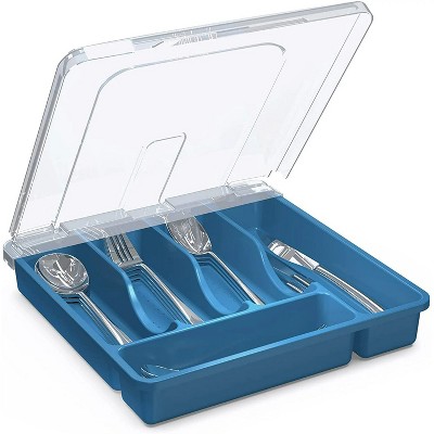 LunaLulinlk Utensil Holder for Countertop with Lid, Plastic Silverware Tray for Drawer, 5 Compartments Flatware Organizer, Cutlery Storage