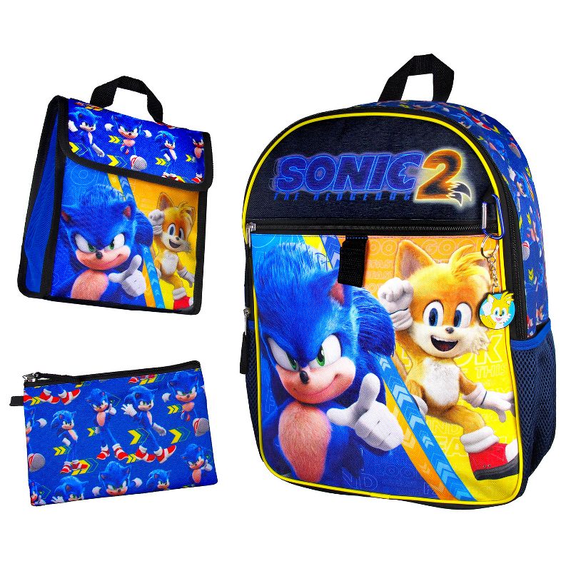 Sonic the Hedgehog 2 Movie Sonic Tails 16" Backpack w/ Lunch Tote 5 Piece Set Multicoloured, 1 of 7