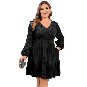 Women's Plus Size V Neck Cable Knit Sweater Dress Long Sleeve Oversized Casual Pullover Midi Dress with Belt - 1 of 1