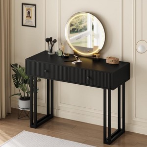 Black Vanity Desk with Mirror and Lights, Small Makeup Table with 2 Drawers, 3 Color Lighting Modes, Adjustable Brightness - 1 of 4