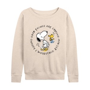 Women's - Peanuts - Good Things Are Coming Circle Lightweight French Terry Wide Neck Long Sleeve Shirt - 1 of 4