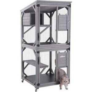 Cedar Wood Galvanized Iron Mesh Small Cat Cage/Cat House for Outdoor Courtyard Cats, Featuring an Upgraded Resting Box and Cat Ear Door Design - 1 of 4